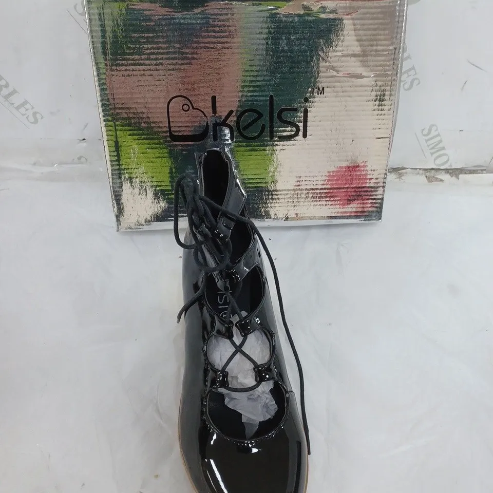 APPROXIMATELY 10 PAIRS OF BOXED KELSI BLACK BLOCK HEEL LACED BOOT IN VARIOUS SIZES