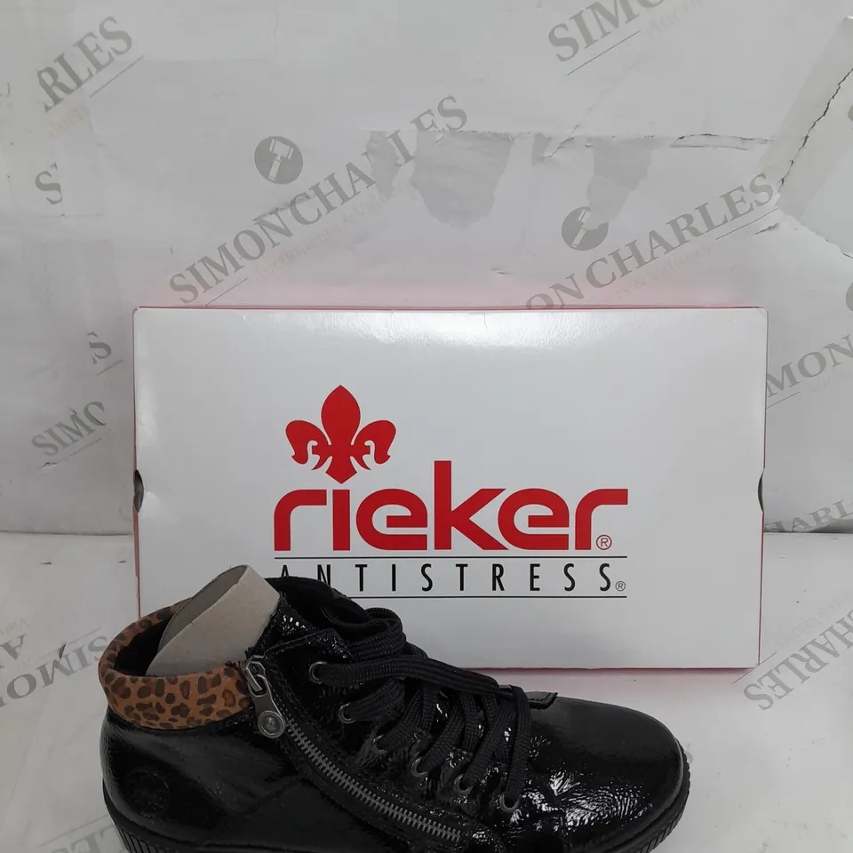 BOXED PAIR OF RIEKER HIGH TOP CUFFED TRAINERS IN BLACK - SIZE 7.5