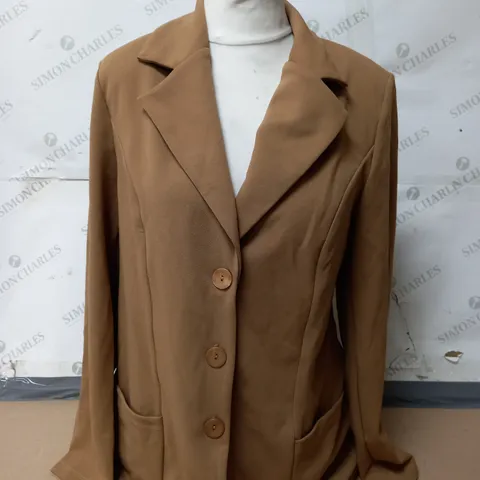 KIM & CO PONTE CREPE BUTTON FRONT POCKET BLAZER REGULAR IN DEEP CAMEL SIZE MEDIUM 