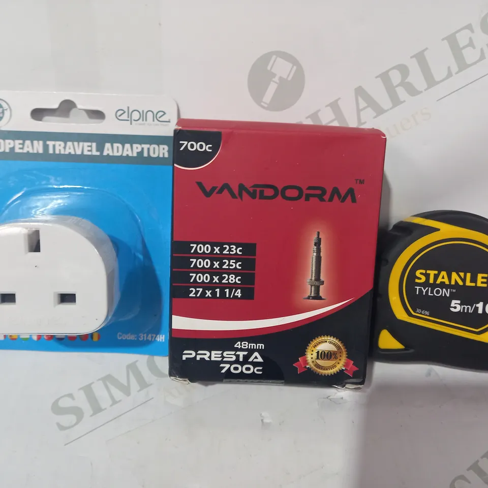 LOT OF APPROXIMATELY 10 ASSORTED HOUSEHOLD ITEMS TO INCLUDE TAPE MEASURE, VANDORM PRESTA 700C, EUROPEAN TRAVEL ADAPTER, ETC