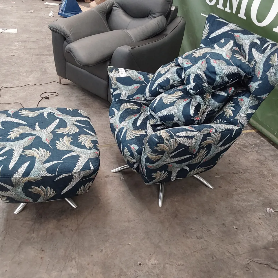 QUALITY BRITISH DESIGNER G PLAN JACOB SWIVEL CHAIR & FOOTSTOOL NAVY PARADISE BIRD FABRIC