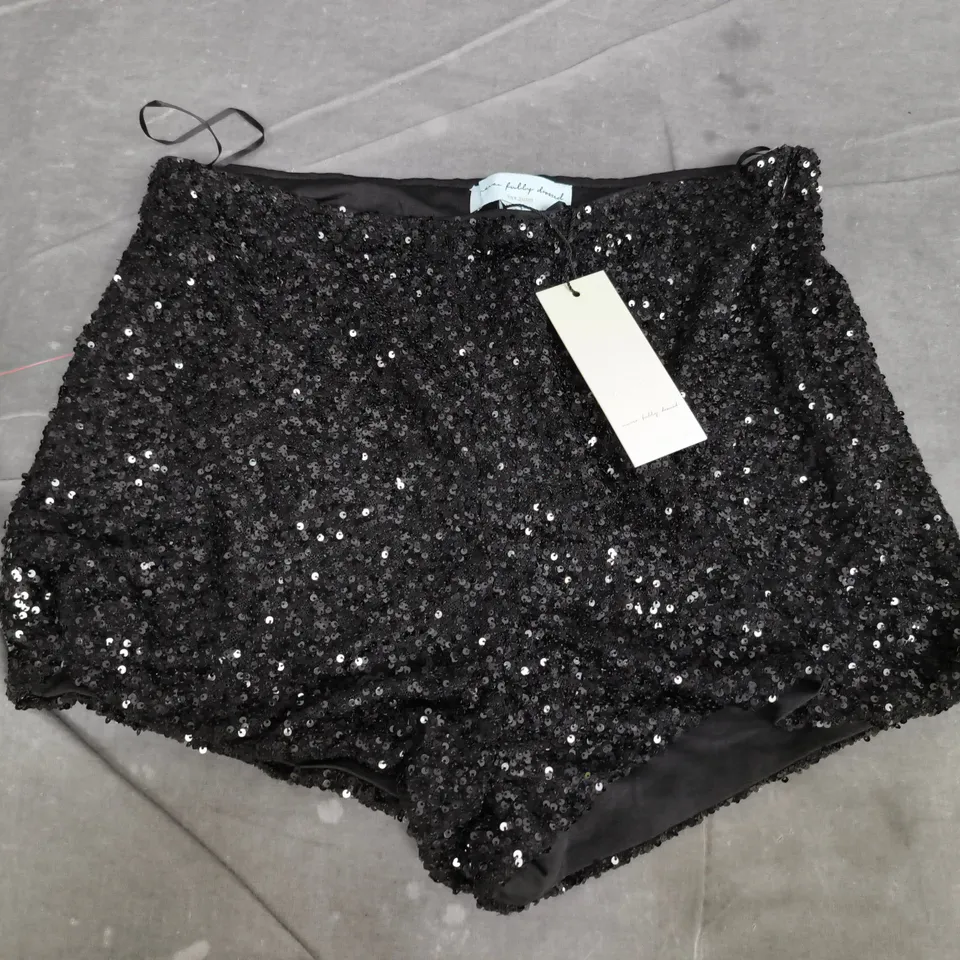 NEVER FULLY DRESSED BLACK SEQUIN HOT PANTS PETITE - UK 10