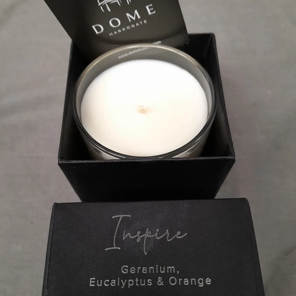 BOXED DOME HARROGATE GERANIUM EUCALYPTUS AND ORANGE SCENTED CANDLE