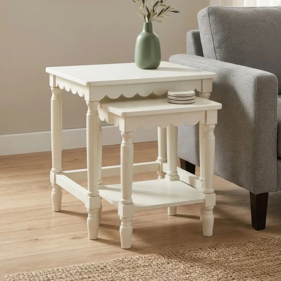 BOXED SET OF 2 IVORY SCALLOPED SIDE TABLES NEST (1 BOX)
