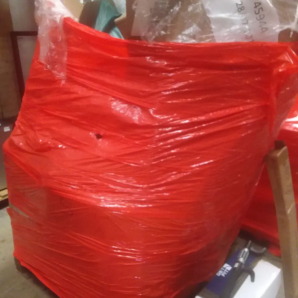 PALLET OF ASSORTED ITEMS INCLUDING SLIDING BARN DOOR HARDWARE, STEERING WHEEL LOCK, AIR BED