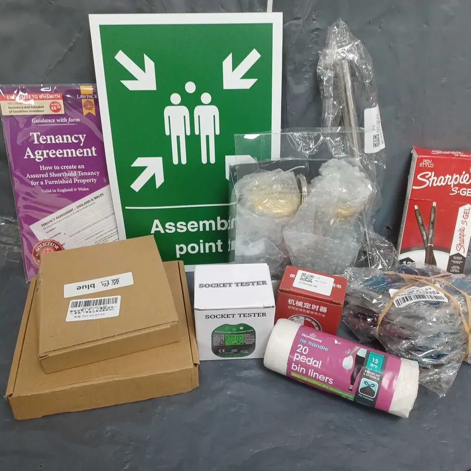 APPROXIMATELY 20 ASSORTED HOUSEHOLD ITEMS TO INCLUDE SHARPIE S-GEL, SOCKET TESTER, BIN LINERS, CORRECTION TAPE