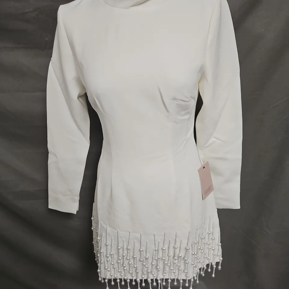 ODDMUSE THE ULTIMATE MUSE PEARL DROP LONG SLEEVE DRESS IN WHITE SIZE S