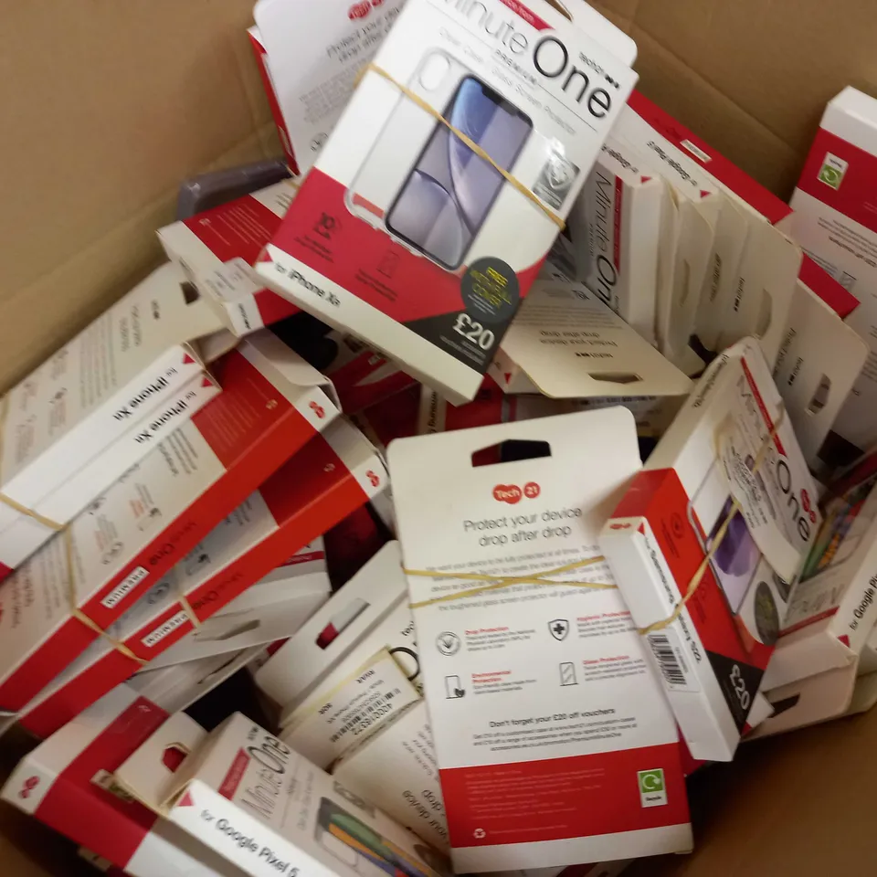 BOX OF APPROXIMATELY 30 ASSORTED TECH 21 MINUTE ONE PHONE CASES IN VARIOUS TYPES