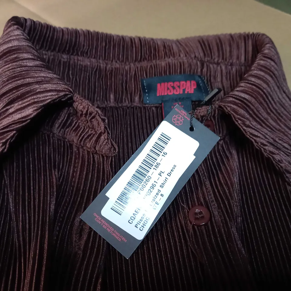 MISSPAP CHOCOLATE PLISSE OVERSIZED SHIRT DRESS - SIZE 8