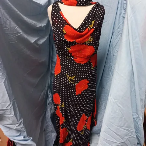 NEVER FULLY DRESSED WOMEN’S DRESS – UK 12, BLACK WITH RED FLORAL PRINT