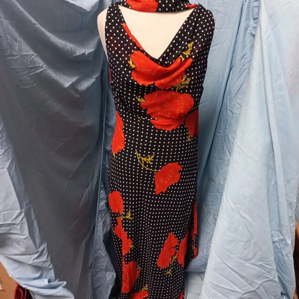 NEVER FULLY DRESSED WOMEN’S DRESS – UK 12, BLACK WITH RED FLORAL PRINT