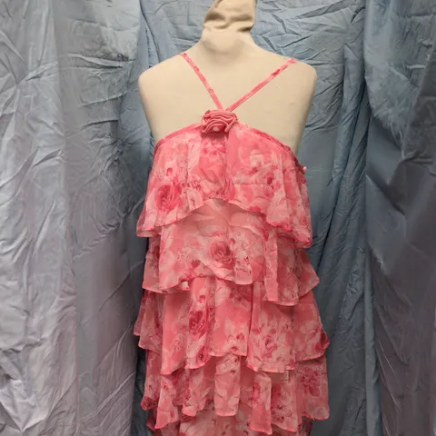 NEW LOOK PINK ROSE PRINT TIERED DRESS – UK 12 (EU 40, US 8) – MADE IN MOROCCO