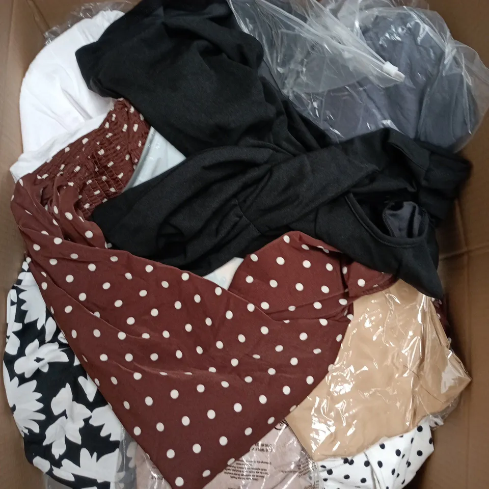 LARGE BOX OF APPROXIMATELY 25 ASSORTED CLOTHING ITEMS IN VARIOUS COLOURS, STYLES AND SIZES - COLLECTION ONLY