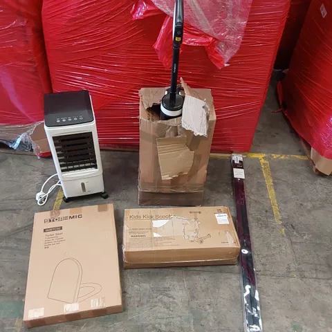 PALLET OF ASSORTED CONSUMER PRODUCTS TO INCLUDE: TINECO VACUUM CLEANER, AIR COOLER, KID'S KICK SCOOTER, TOILET SEAT, VENETIAN BLIND ECT