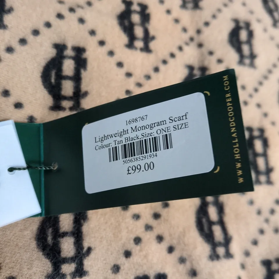 HOLLAND COOPER LIGHTWEIGHT MONOGRAM SCARF – TAN/ NAVY – ONE SIZE