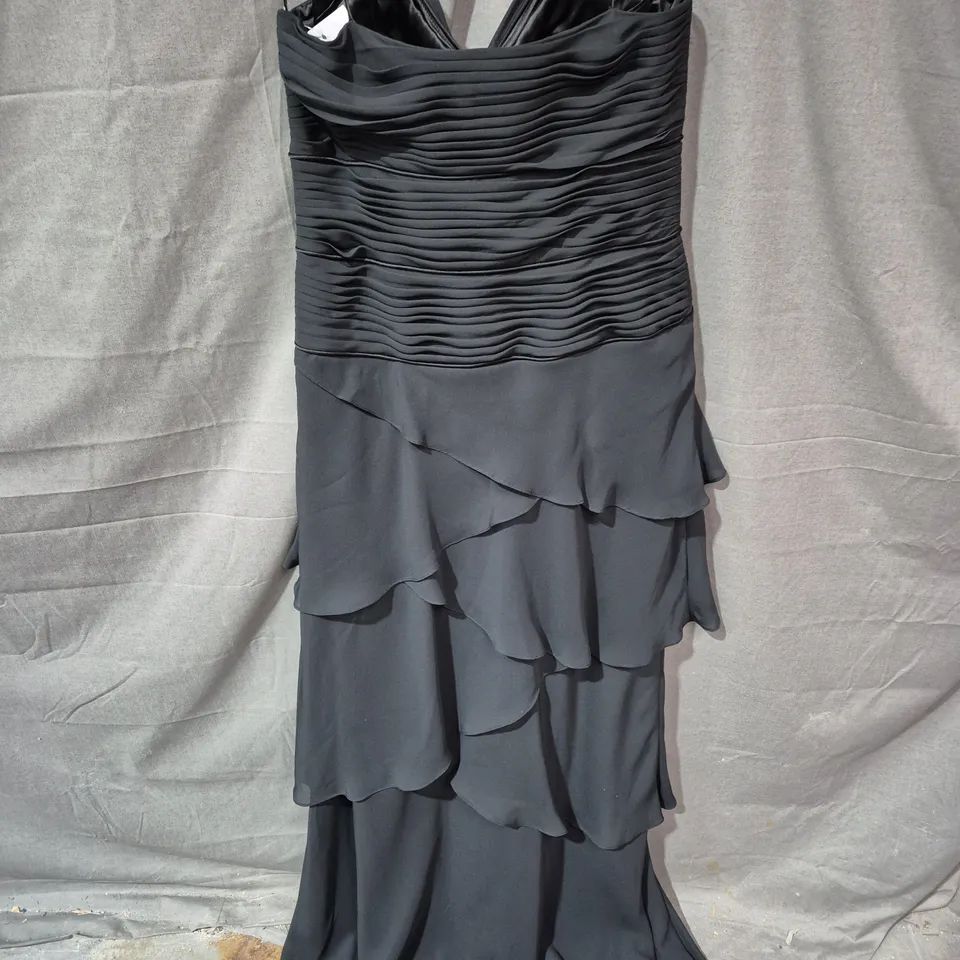 BLACK WOMEN'S EVENING DRESS WITH RUCHED BODICE AND LAYERED SKIRT - SIZE 12