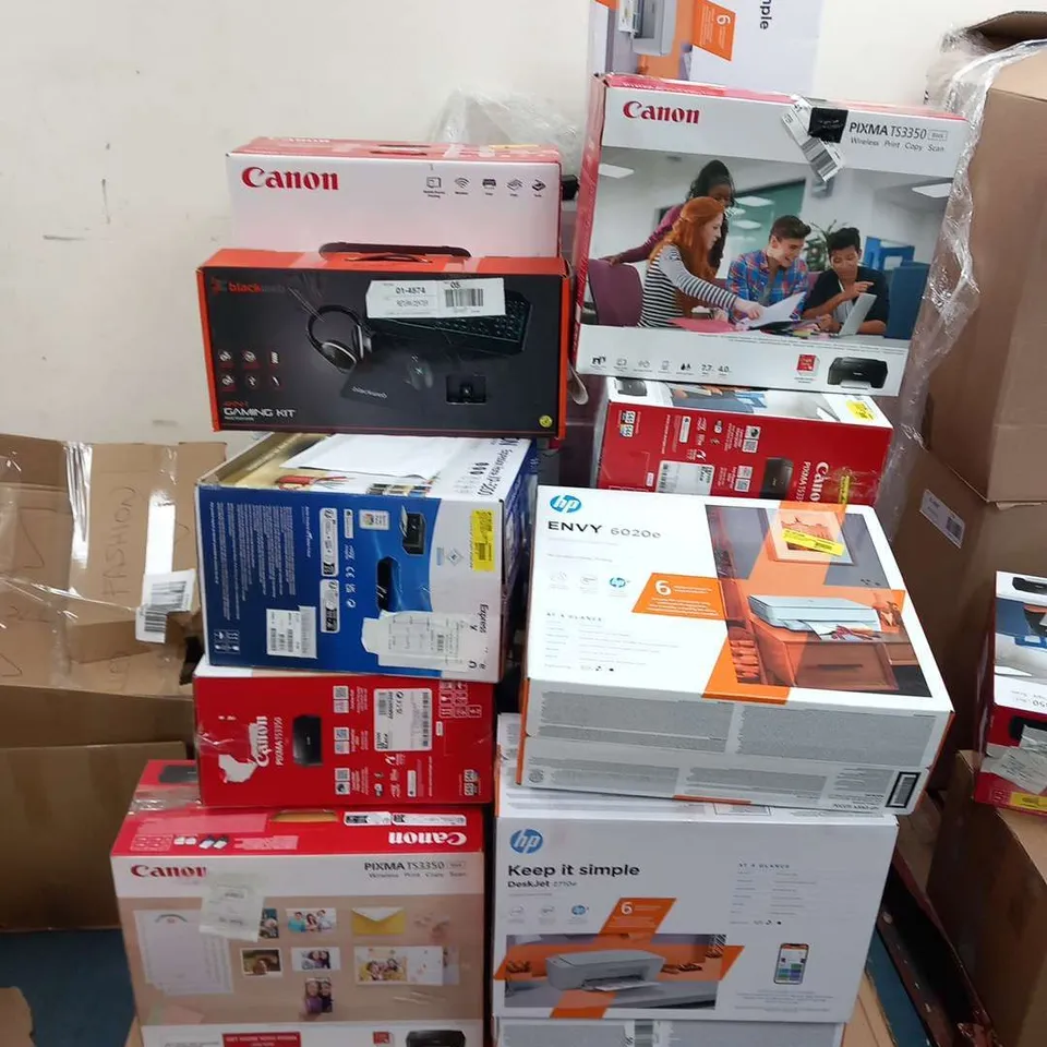 PALLET OF ASSORTED ELECTRICAL PRODUCTS TO INCLUDE; CANON PIXMA TS3350, HP ENVY 6020E AND BLACK WEB 4 IN 1 GAMING KIT