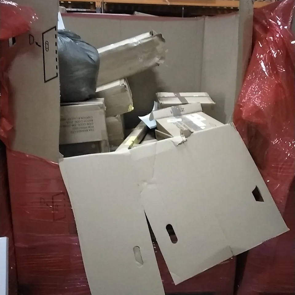 PALLET OF HOUSEHOLD ITEMS TO INCLUDE PLANT POT, VIBRATION PLATE,  LONG GOLF CLUB GRIP ACCESSORY,  FULL MOTION TV WALL MOUNT and other assorted items 