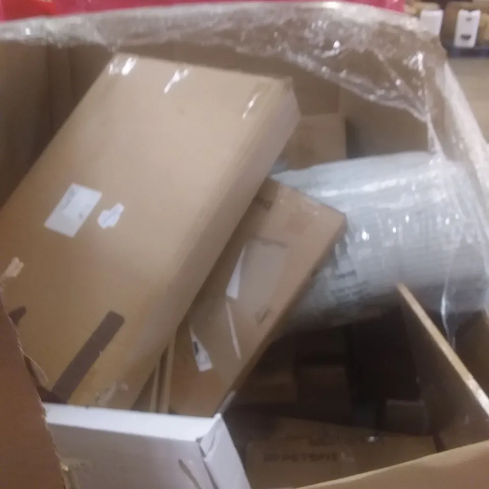 PALLET OF ASSORTED HOUSEHOLD PRODUCTS AND ITEMS, INCLUDING; PLAYPEN, CANVAS PRINT, STORAGE BASKET UNIT  DOG BOOSTER SEAT, PET CRATE, TOILET SEAT ETC