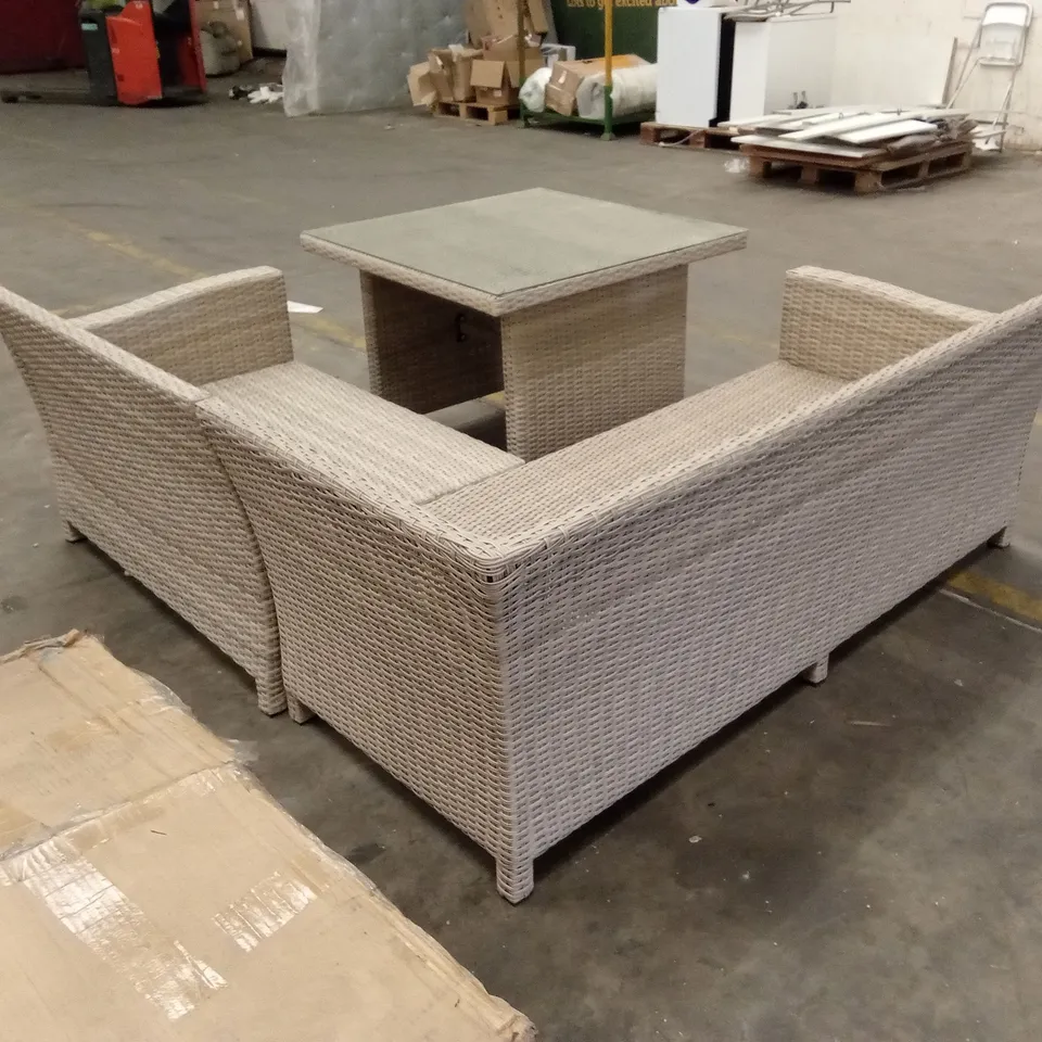 DESIGNER RATTAN CORNER SOFA AND TABLE // MISSING CUSHIONS