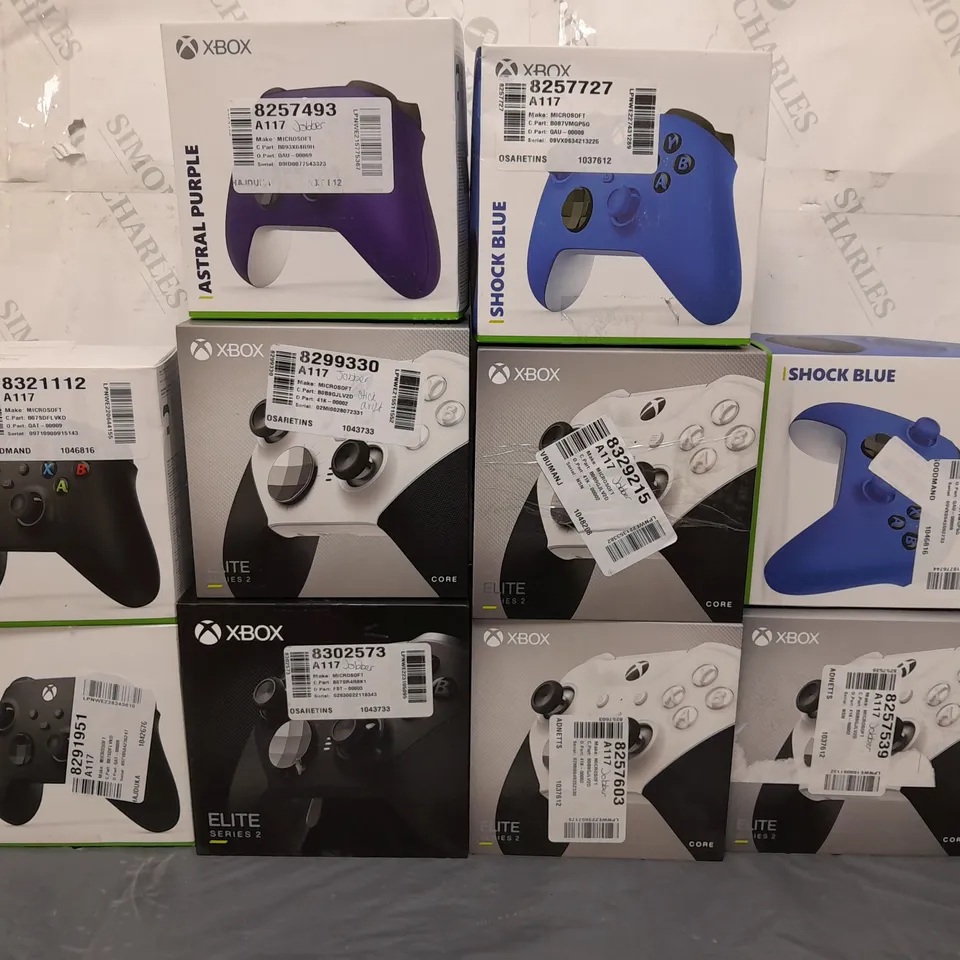 10 ASSORTED BOXED XBOX CONTROLLERS IN VARIOUS COLOURS AND TYPES TO INCLUDE XBOX ONE AND SERIES X