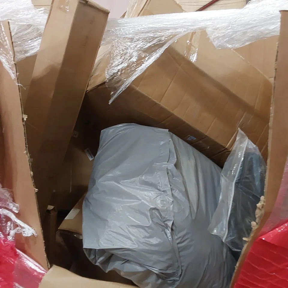 PALLET OF ASSORTED HOUSEHOLD ITEMS AND CONSUMER PRODUCTS. INCLUDING; CHRISTMAS TREE, PLAYPEN, AIR COOLER, DEHUMIDIFIER, BOXED FURNITURE ETC