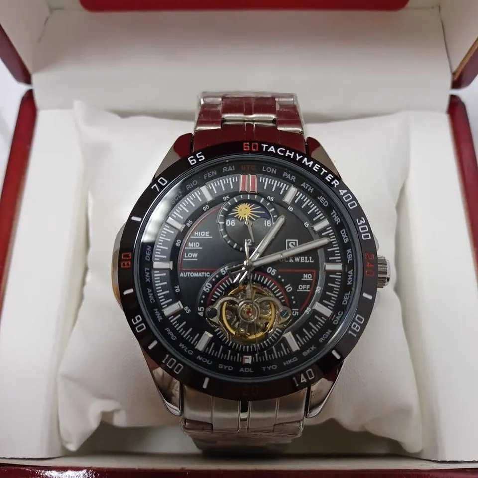 STOCKWELL PART SKELETON DIAL AUTOMATIC TACHYMETER LEATHER STRAP WRISTWATCH