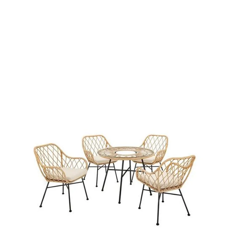 BOXED MADRID CANE EFFECT NATURAL 4-SEATER GARDEN DINING SET (INCOMPLETE - 1 OF 2 BOXES)