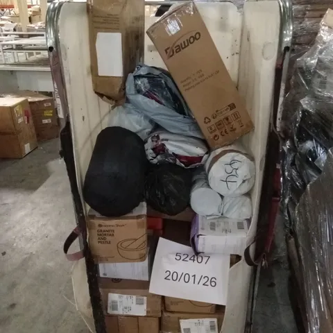 CAGE OF ASSORTED HOUSEHOLD GOODS AND PRODUCTS TO INCLUDE; YOGA MATS, GRANITE MOTARS AND PESTLES, COAT HANGERS ETC