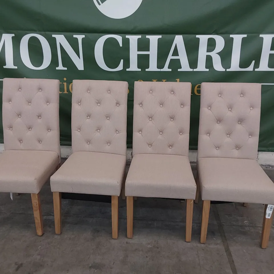 SET FOUR UPHOLSTERED BUTTONED BACK DINING CHAIRS BEIGE FABRIC NATURAL WOOD LEGS 