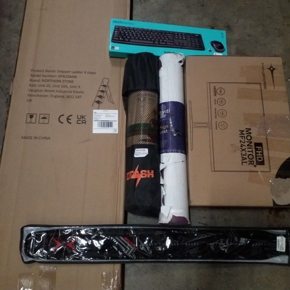 PALLET CONTAINING ASSORTED PRODUCTS INCLUDING STEPPER LADDER 4 STEPS, LUMBAR BELT, YOGA MATS FHD MONITOR & KEYBOARD AND MOUSE SET