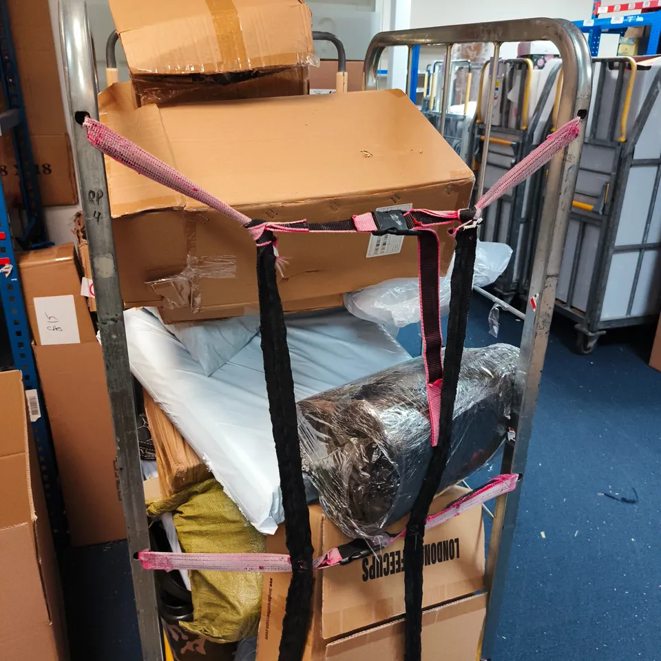 CAGE OF APPROXIMATELY 12 ASSORTED ITEMS INCLUDING PICK AXE , PILLOWS , CARDBOARD TRAYS AND CLEAR COMPACTOR SACKS
