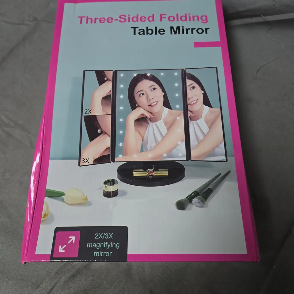 BOX OF APPROXIMATELY 12 ASSORTED HOUSEHOLD ITEMS INCLUDING NITRILE POWDER FREE GLOVES AND THREE SIDED TABLE MIRROR 