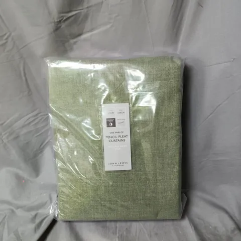 JOHN LEWIS PENCIL PLEAT CURTAINS – SAGE, ONE PAIR (TEXTURED WEAVE) - WIDTH 167CM DROP 228CM 