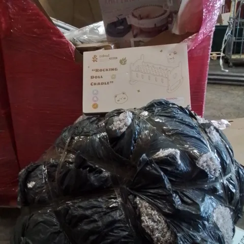 PALLET CONTAINING VARIOUS ASSORTED BOXED HOUSEHOLD ITEMS TO INCLUDE: LARGE THROW, ROCKING DOLLS CRIB, KNITTING MACHINE, ROLLER BLINDS AND LOTS MORE UNMARKED BOXED ITEMS 
