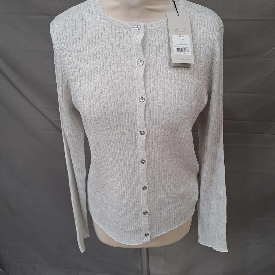 MINT VELVET RIBBED CARDIGAN IN SILVER SIZE L