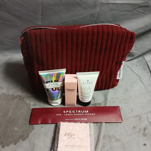 GLOSSYBOX 5 ASSORTED BATH, BODY AND BEAUTY PRODUCTS WITH A BURGUNDY POUCH