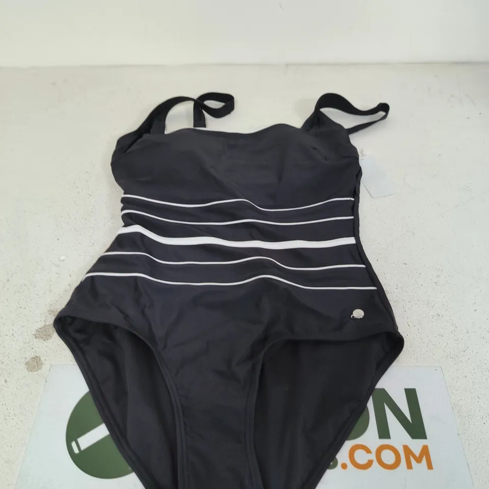LASCANA BLACK ONE-PIECE SWIMSUIT WITH WHITE STRIPES – UK 12, D CUP