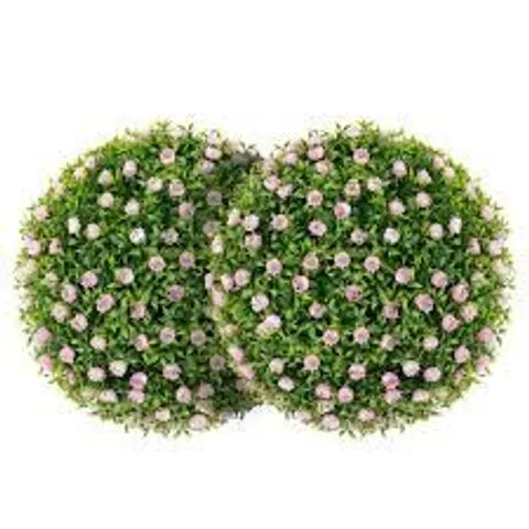 BOXED 2 PIECE TOPIARY BALLS ARTIFICIAL PLANT WITH PINK FLOWERS.