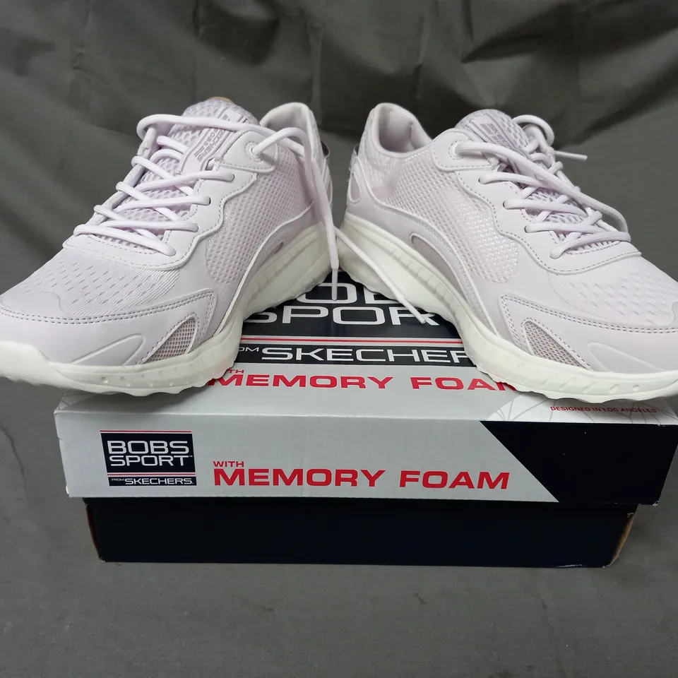 BOXED PAIR OF SKECHERS BOBS SQUAD COSMIC TRAINERS IN LAVENDER SIZE 5