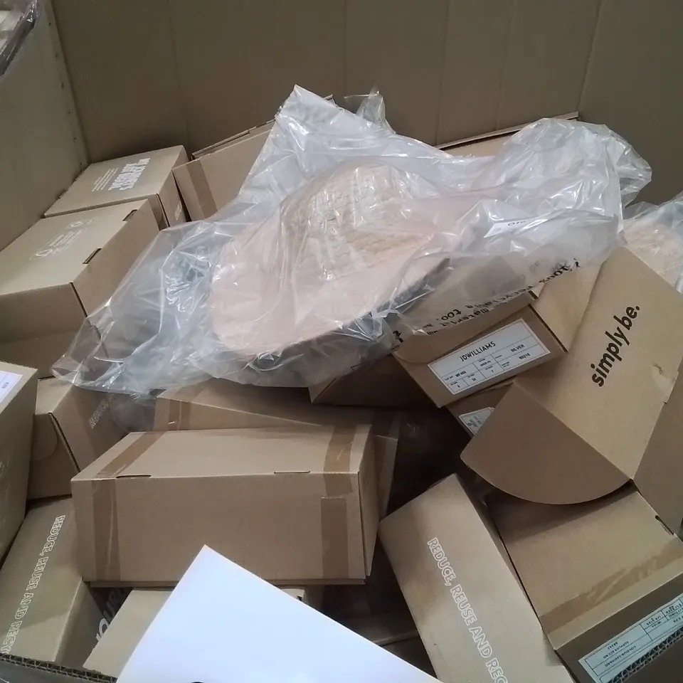 PALLET CONTAINING APPROXIMATELY 50X ASSORTED BRAND NEW DESIGNER SHOES AND CLOTHES INCLUDING: JD WILLIAMS SUMMER HAT, JD WILLIAMS WHITE SANDALS, SIMPLY BE SILVER HEELS