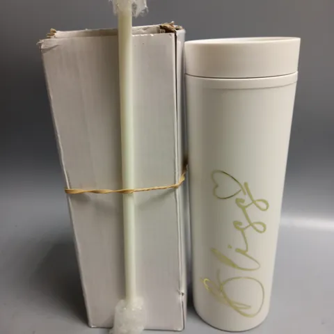 WHITE DRIKING BOTTLE WITH STRAW. BLISS GOLD LETTERING