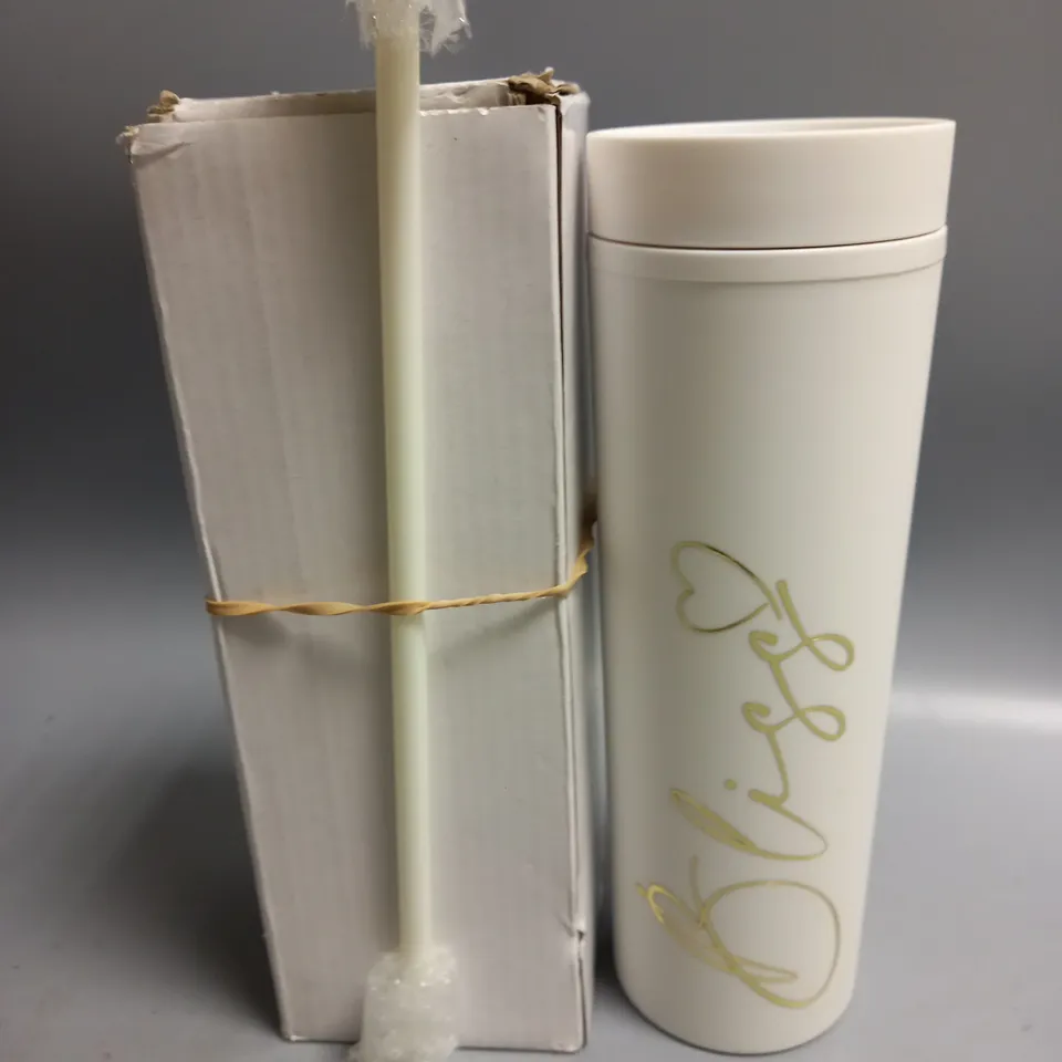 WHITE DRIKING BOTTLE WITH STRAW. BLISS GOLD LETTERING