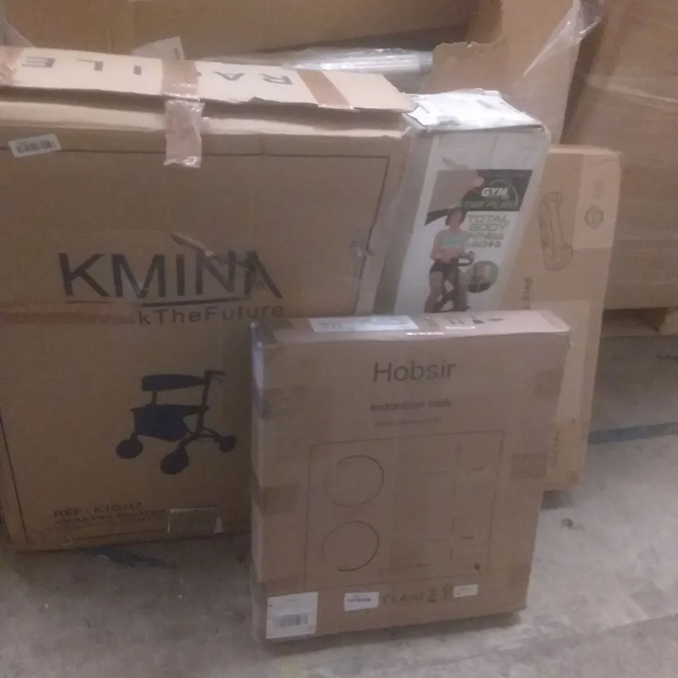 PALLET OF ASSORTED ITEMS INCLUDING AEROBIC STEP, INDUCTION HOB, TOTAL BODY FITNESS MACHINE, OUTDOOR ROLLER