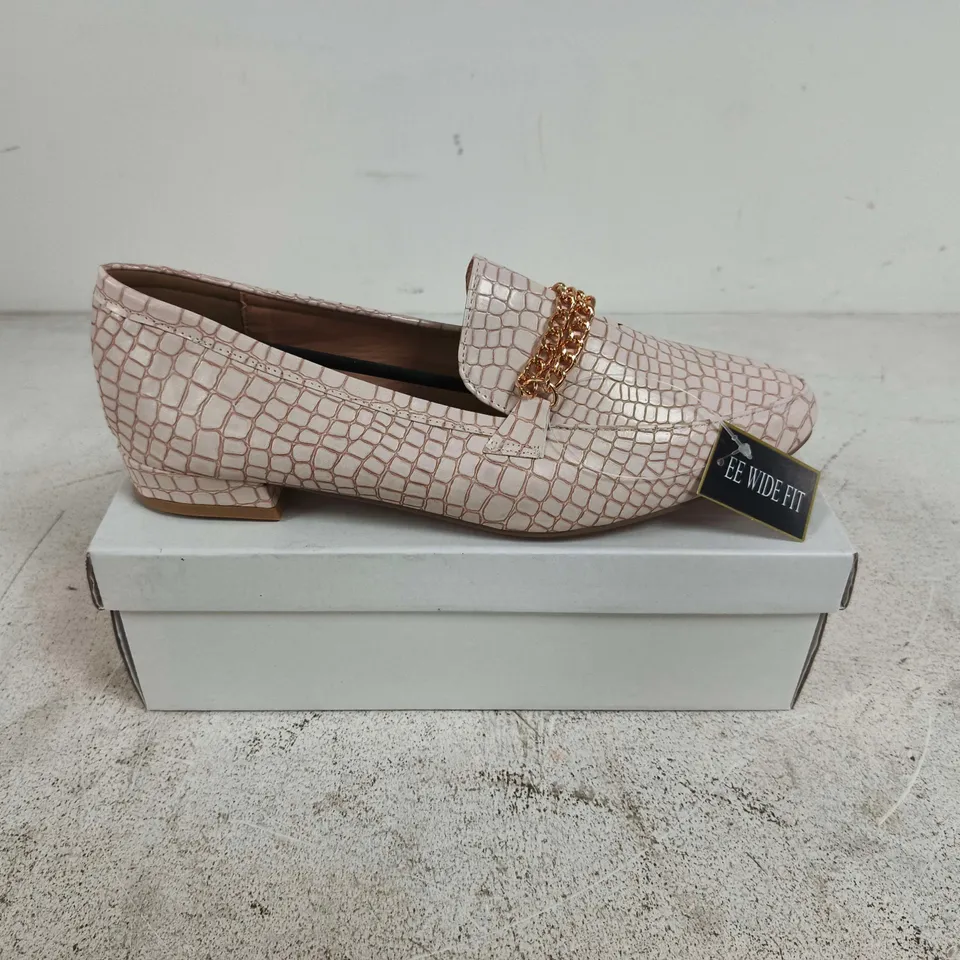 BOXED PAIR OF SPOT ON HEELED CROC SHOES IN NUDE - SIZE 8