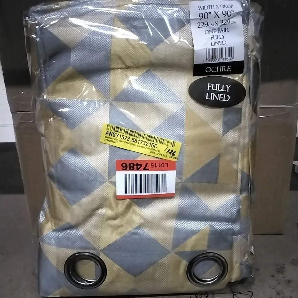 BAGGED STAMPER POLYESTER SEMI SHEER CURTAIN PAIR- SKANDI - OCHRE - 229X229CM 