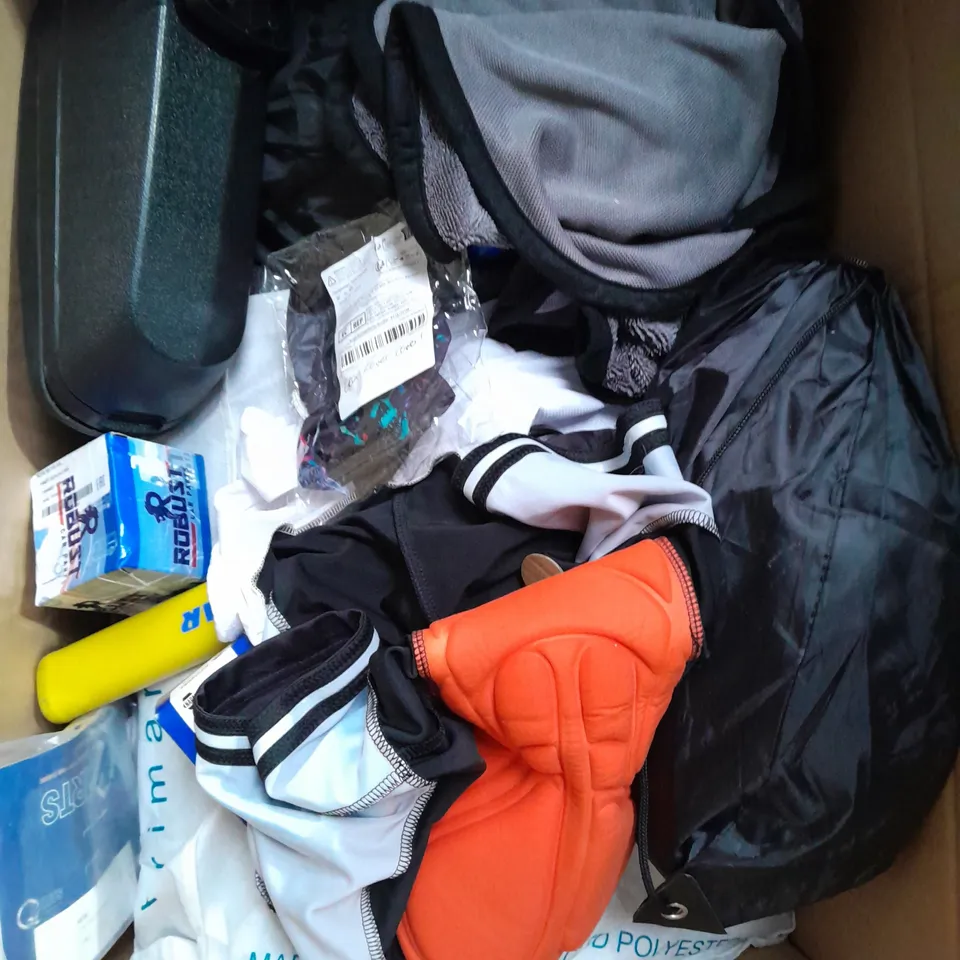 BOX OF ASSORTED CAR ITEMS TO INCLUDE BIKING GEAR - TOOLS - HELMETS ./ COLLECTION ONLY 