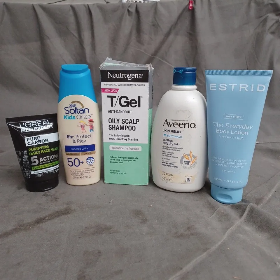 APPROXIMATELY 20 HEALTH AND BEAUTY PRODUCTS TO INCLUDE ESTRID BODY LOTION, T-GEL OILY SCALP SHAMPOO AND AVEENO BODY WASH