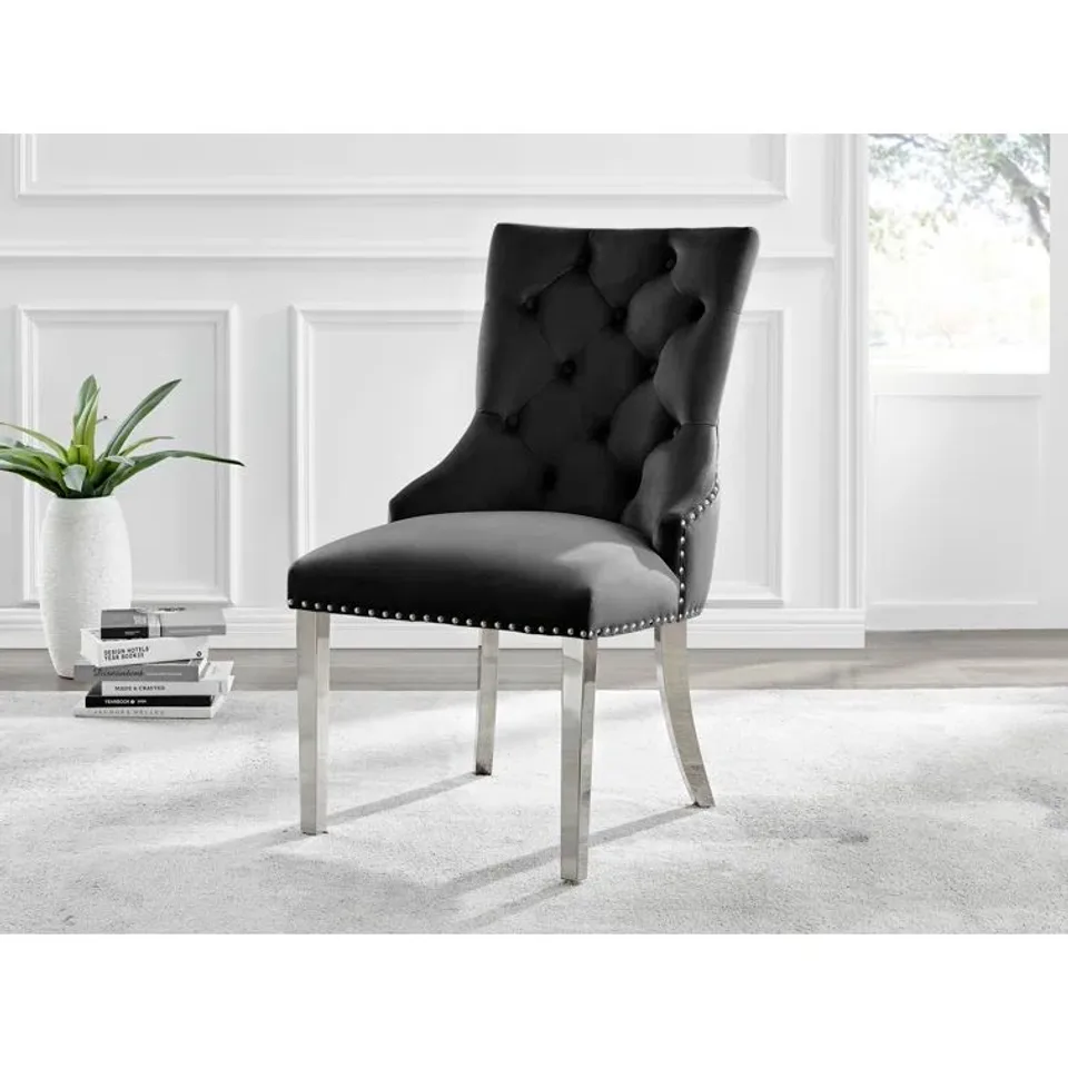 BOXED SET OF 2 EUBANKS BLACK VELVET KNOCKERBACK DINING CHAIRS WITH METAL RIVETS AND CHROME LEGS (1 BOX)