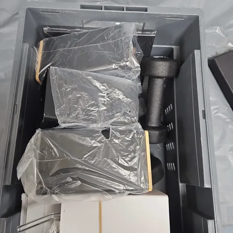 BOX OF ASSORTED HOME AND ACCESSORIES ITEMS TO INCLUDE - TEA COFFEE ,SUGAR TINS - 2KG DUMB BELLS 